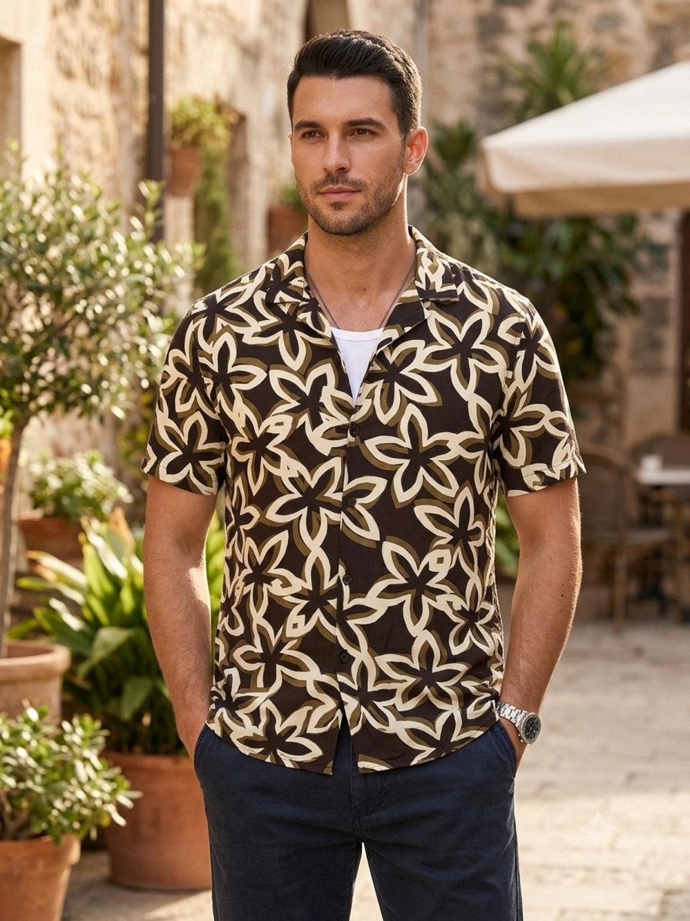 Cactus Man by Ricky Singh Black & Cream Floral Short-Sleeve Button-Down Shirt